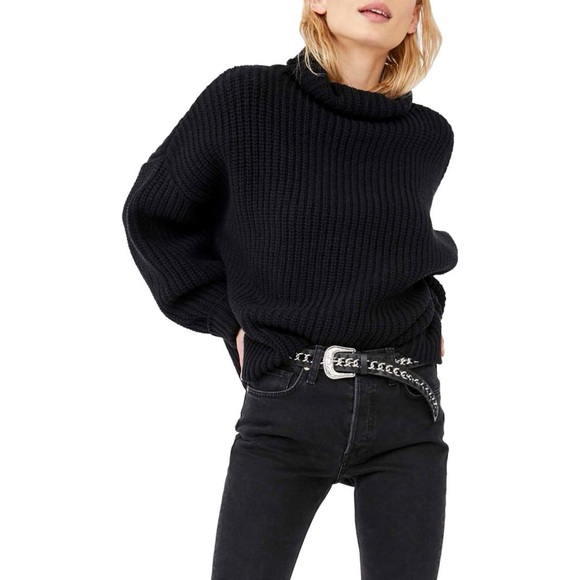 Free People Swim Too Deep Turtleneck Sweater Chunky Knit Black Boho Fall Winter - Picture 1 of 14
